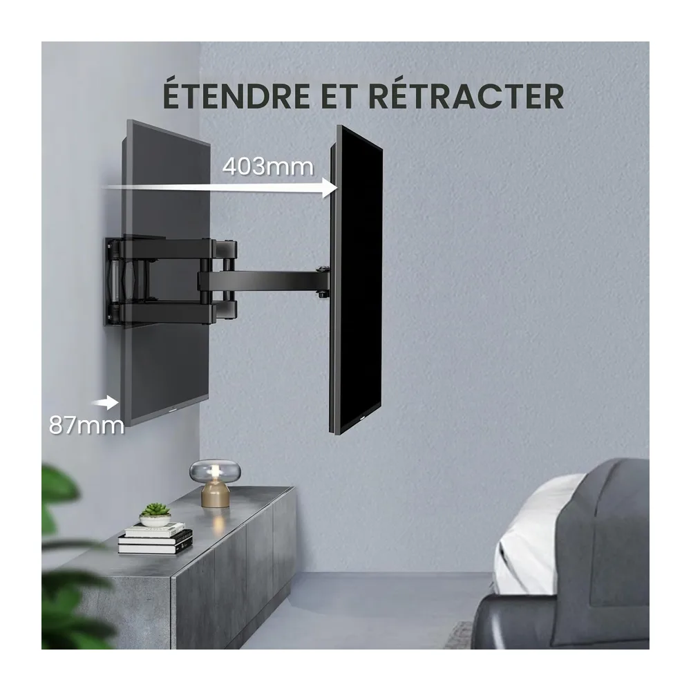 PERLESMITH Support Mural TV, Fixation TV Murale Inclinable et Orientable pour Écrans 26-65 Pouces Jusqu'à 45Kg, VESA 400