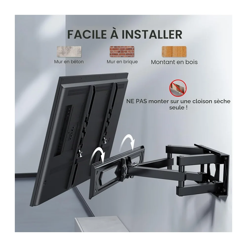PERLESMITH Support Mural TV, Fixation TV Murale Inclinable et Orientable pour Écrans 26-65 Pouces Jusqu'à 45Kg, VESA 400