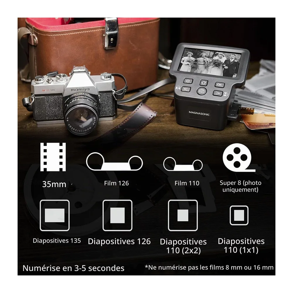 Magnasonic Numériseur de Films Tout-en-Un 24MP avec Grand Écran 5" et HDMI, Convertit Les Films 35mm/126/110/Super 8 et 