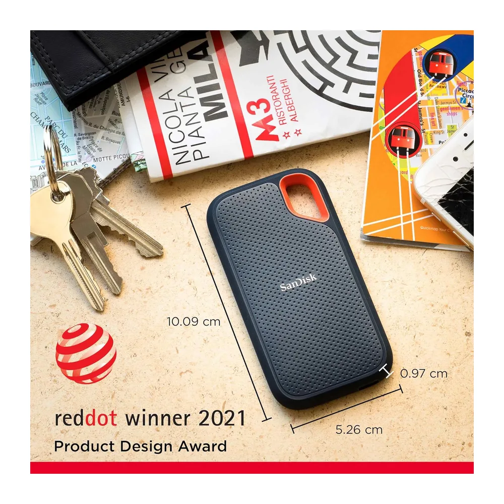 SANDISK Extreme Disque SSD Externe 2 To (jusqu'à 1050 Mo/s en lecture, 1000 Mo/s en écriture, USB-C, Portable NVMe, Rési