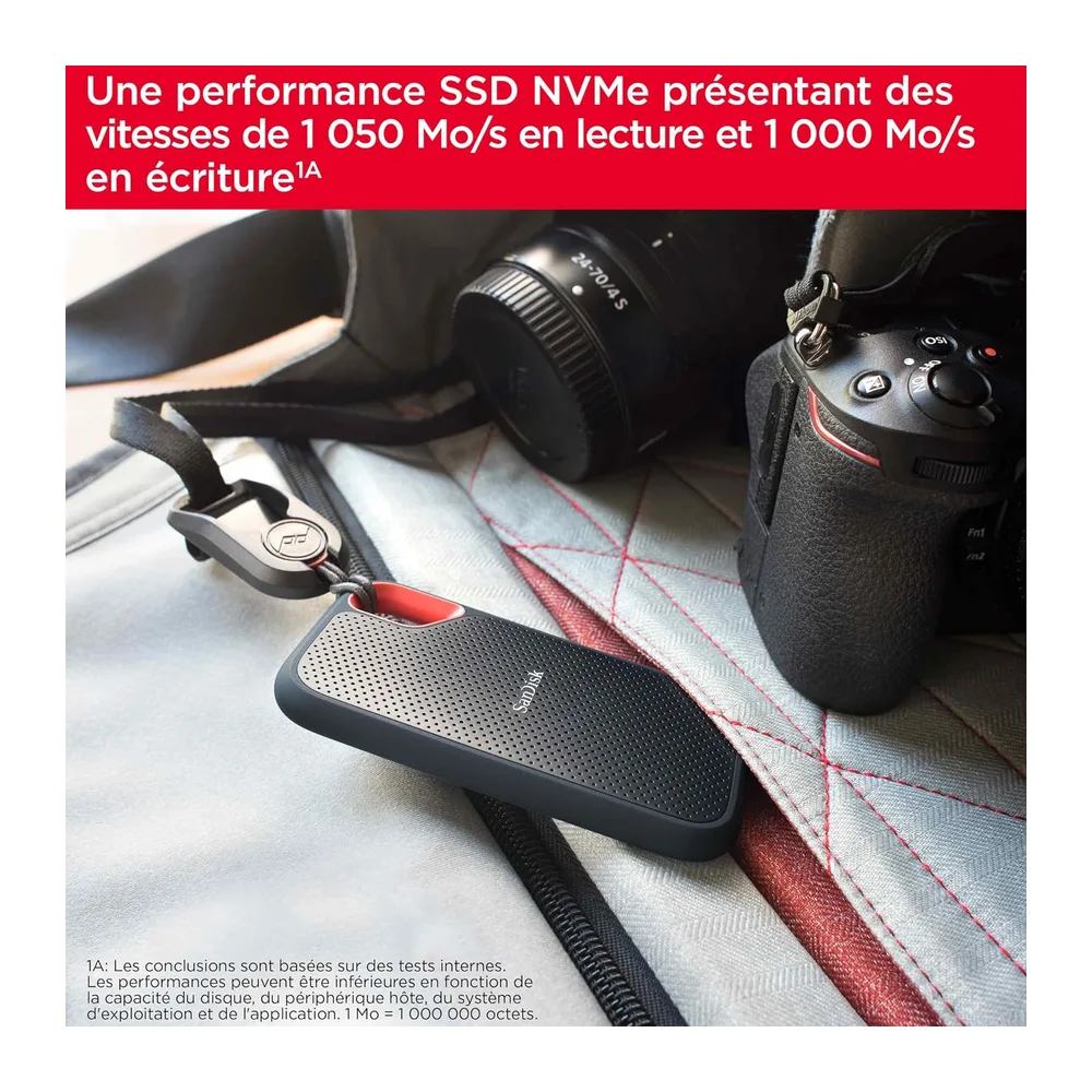 SANDISK Extreme Disque SSD Externe 2 To (jusqu'à 1050 Mo/s en lecture, 1000 Mo/s en écriture, USB-C, Portable NVMe, Rési