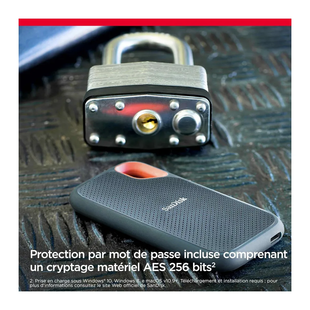 SANDISK Extreme Disque SSD Externe 2 To (jusqu'à 1050 Mo/s en lecture, 1000 Mo/s en écriture, USB-C, Portable NVMe, Rési