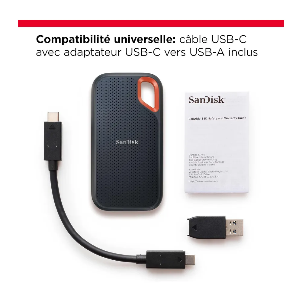 SANDISK Extreme Disque SSD Externe 2 To (jusqu'à 1050 Mo/s en lecture, 1000 Mo/s en écriture, USB-C, Portable NVMe, Rési