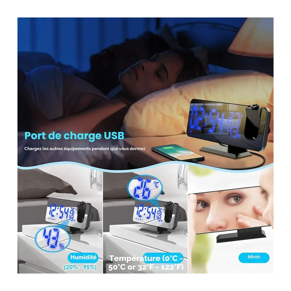 TAKRINK Radio Reveil Projecteur Plafond 180° FM Alarmes Snooze Luminosité | Réglage Facile, 70 Stations FM, Minuterie, R