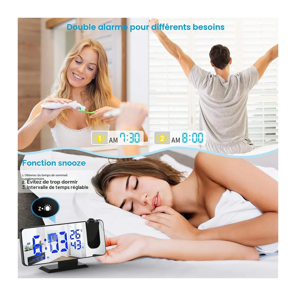 TAKRINK Radio Reveil Projecteur Plafond 180° FM Alarmes Snooze Luminosité | Réglage Facile, 70 Stations FM, Minuterie, R
