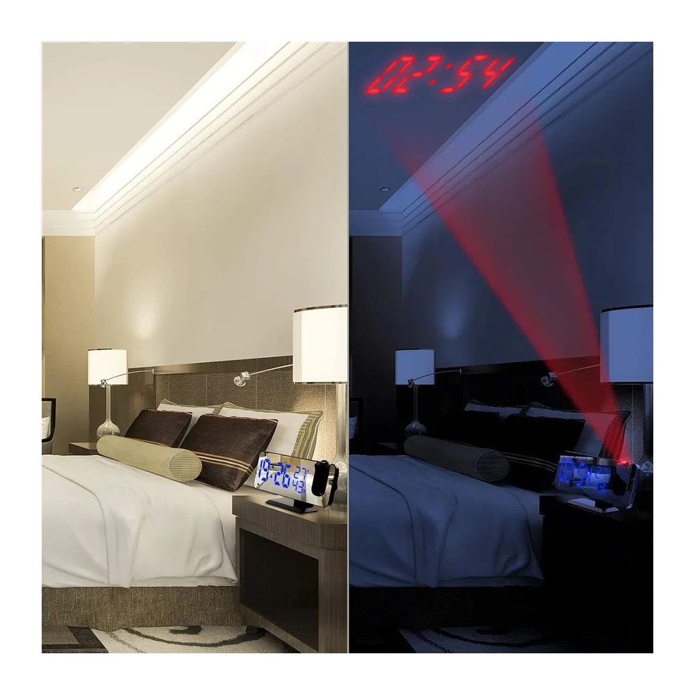 TAKRINK Radio Reveil Projecteur Plafond 180° FM Alarmes Snooze Luminosité | Réglage Facile, 70 Stations FM, Minuterie, R