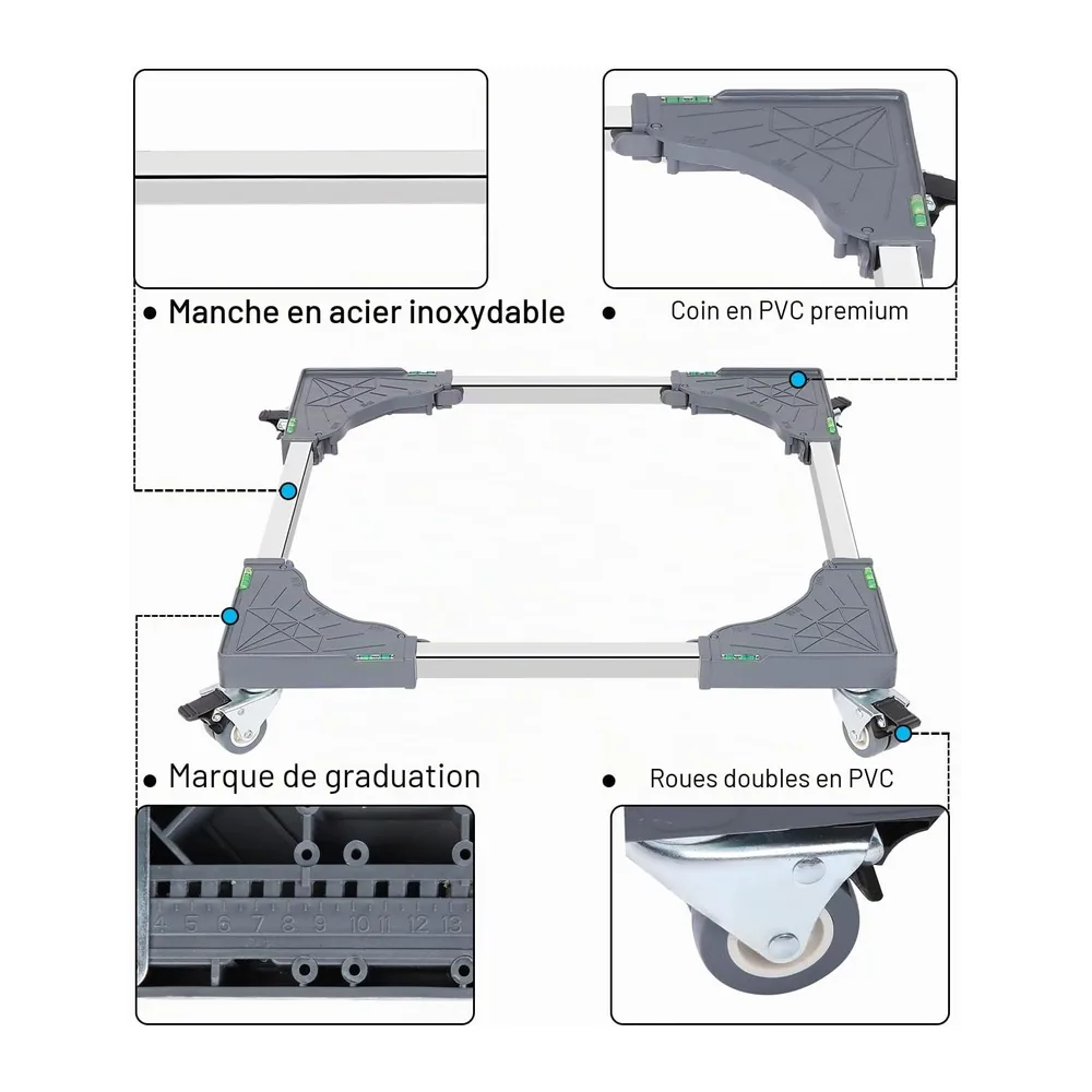 W B D WEIBIDA Support Machine à Laver 4 roulettes Verrouillables, Charge 200KG Socle Machine a Laver, Largeur Réglable d