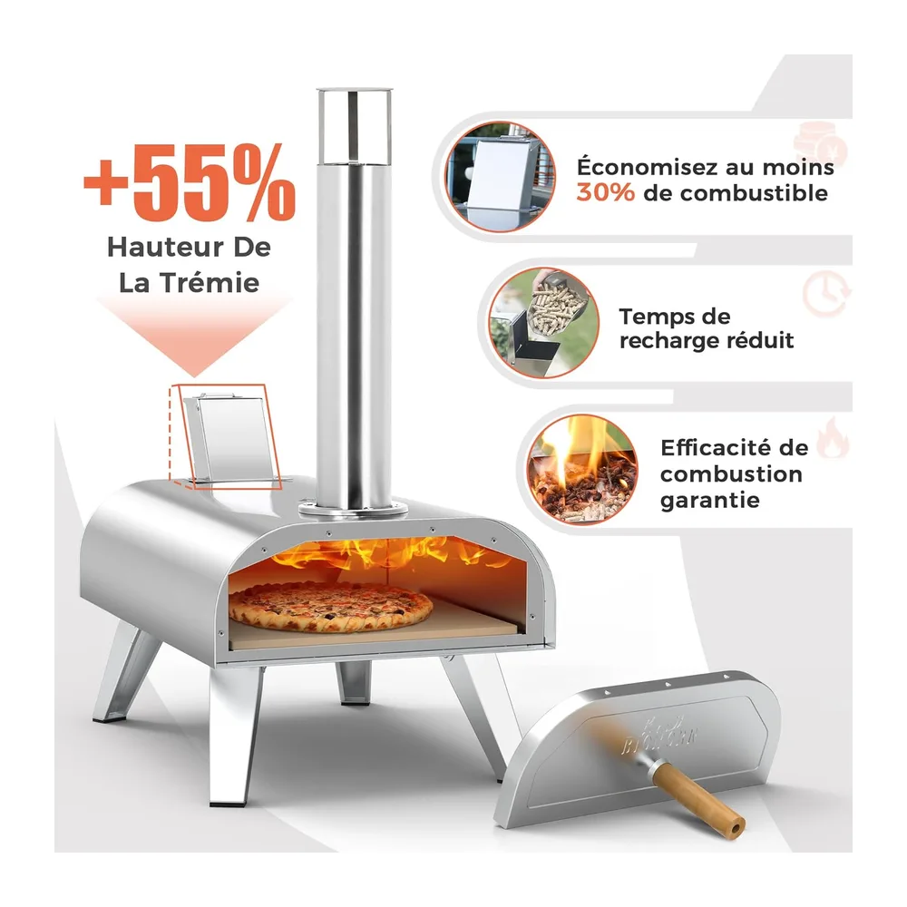 BIG HORN OUTDOORS Four à pizza à granulés de bois de 30,5 cm - Four à pizza au feu de bois - Portable - En acier inoxyda