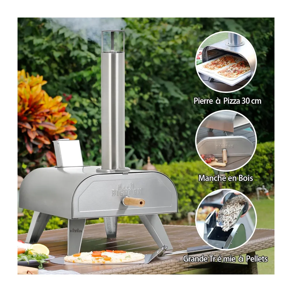 BIG HORN OUTDOORS Four à pizza à granulés de bois de 30,5 cm - Four à pizza au feu de bois - Portable - En acier inoxyda