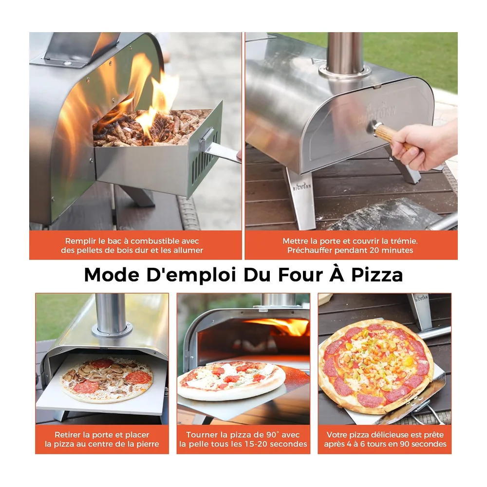 BIG HORN OUTDOORS Four à pizza à granulés de bois de 30,5 cm - Four à pizza au feu de bois - Portable - En acier inoxyda