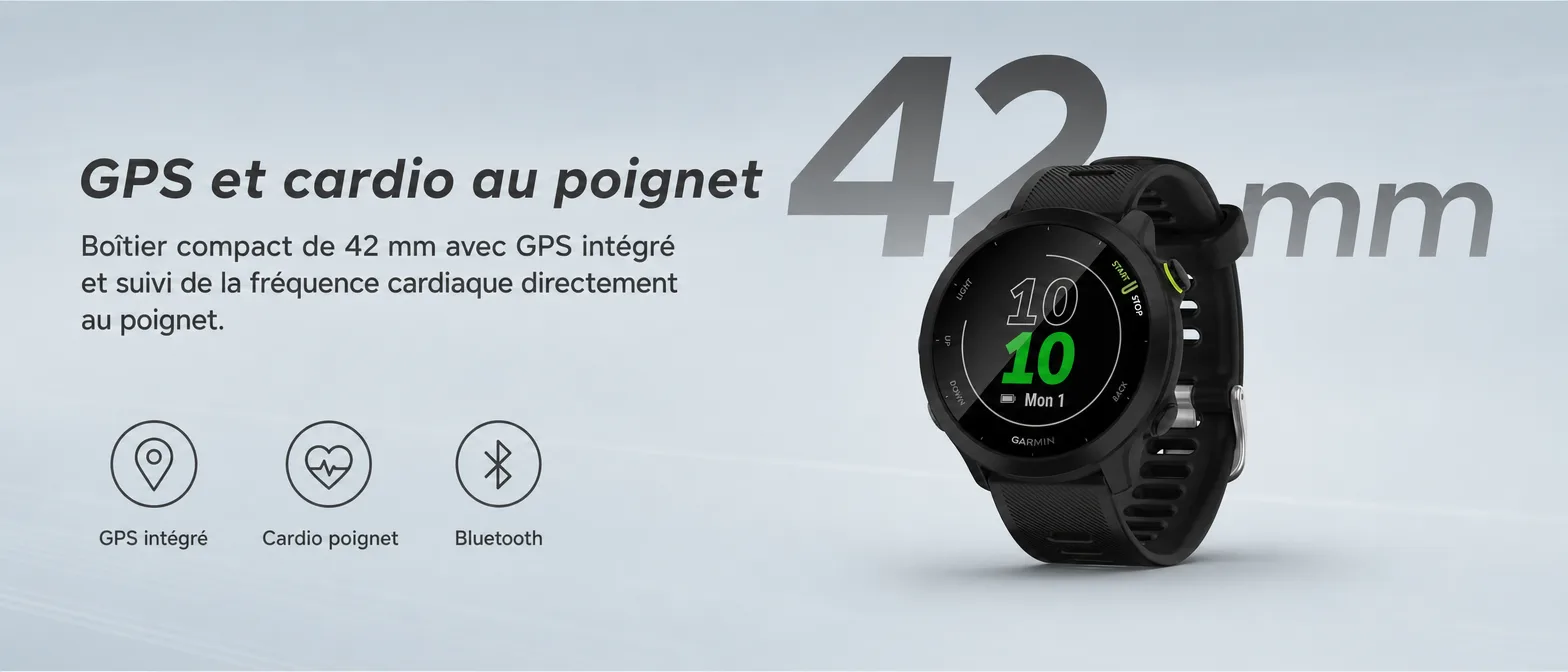 GPS et cardio au poignet : boîtier compact de 42 mm avec GPS intégré, suivi de la fréquence cardiaque au poignet et Bluetooth.