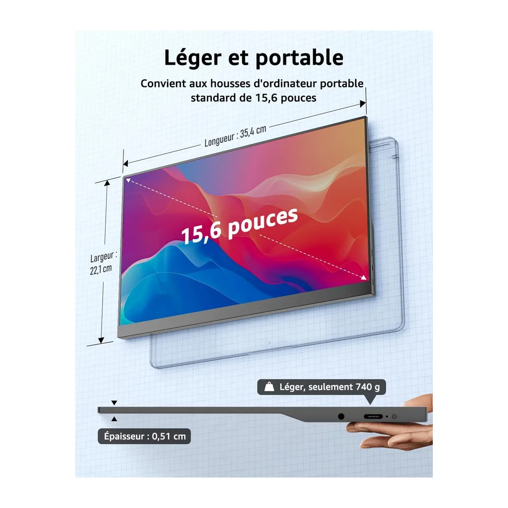 Yodoit Écran Portable 15,6", 1920 × 1080 FHD Moniteur IPS Display HDMI USB Type C avec Haut-parleurs Intégrés pour PC/MacBook/Ordinateur Portable/Xbox/PS4 5/Switch/TV