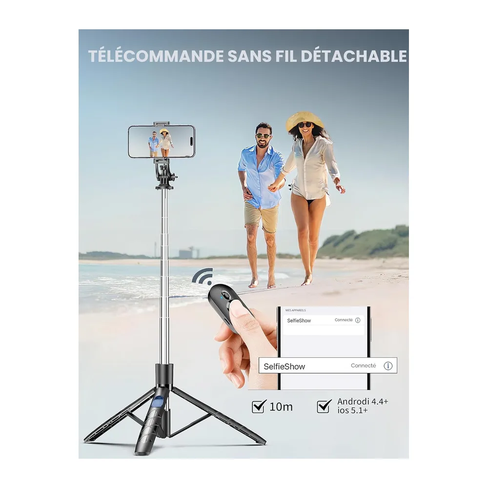 163.5CM Perche à Selfie, Trépied Smartphone, Extensible Selfie Stick Trépied de Téléphone avec Télécommandeet Support po