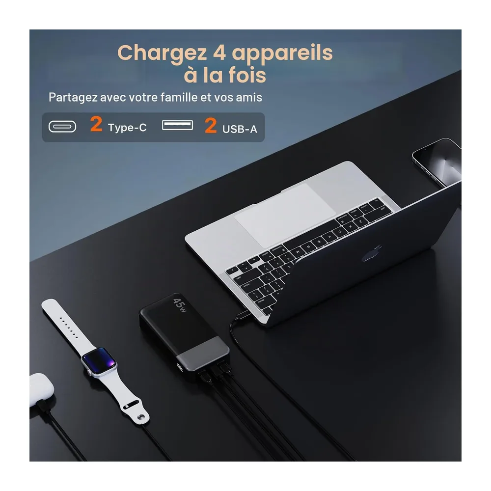 JUOVI Batterie Externe Charge Rapide 45W 20000mAh Power Bank PD 3.0 QC 4.0