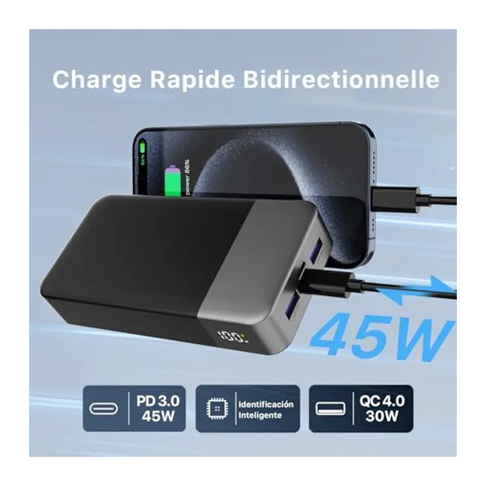 Nobis Batterie Externe 20000mAh Power Bank 45W Chargeur Externe Portable