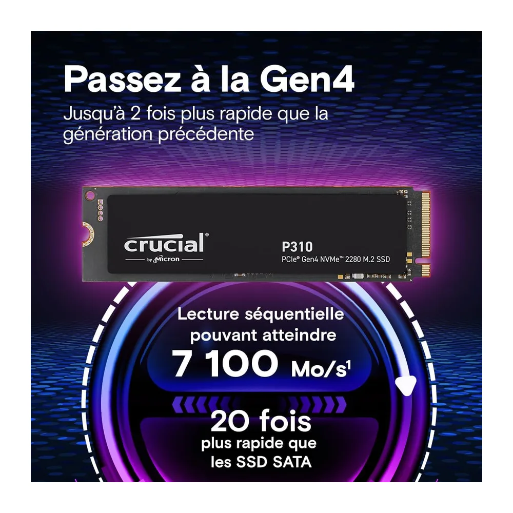 Crucial P310 SSD 1To PCIe Gen4 NVMe M.2 2280, Jusqu’à 7.100 Mo/s, Compatible avec Ordinateur Portable et de Bureau et Co