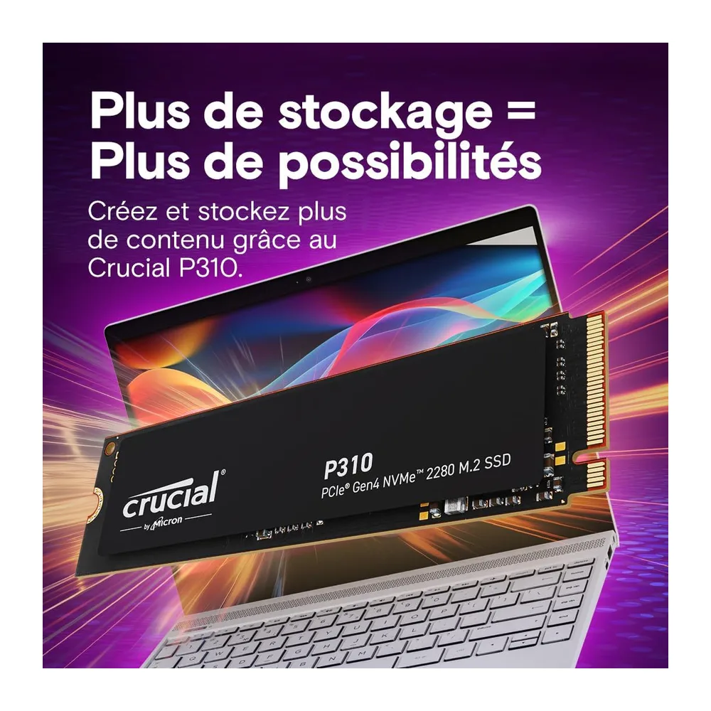 Crucial P310 SSD 1To PCIe Gen4 NVMe M.2 2280, Jusqu’à 7.100 Mo/s, Compatible avec Ordinateur Portable et de Bureau et Co