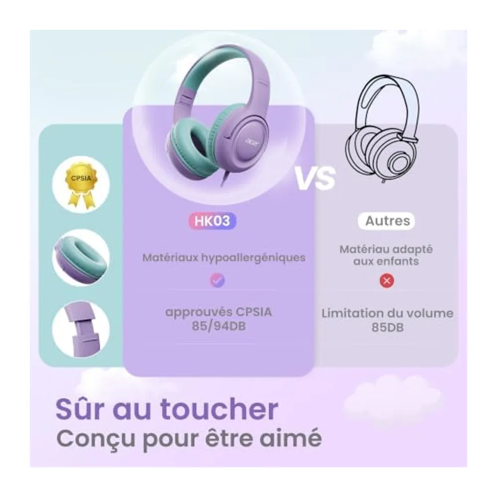 Acer Casque Audio Enfant Filaire, Volume Limité 85/94db, Pliable Réglable