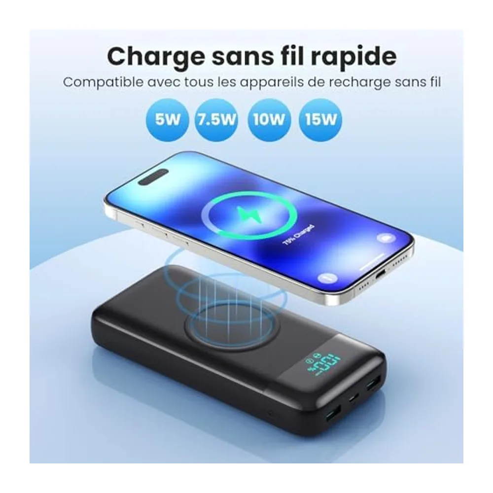 Batterie Externe sans Fil 26800mAh, 7 en 1 Powerbank Fast Charging avec 3 Ports et 3 câbles, 25W PD3.0+QC4.0 Chargeur Ex
