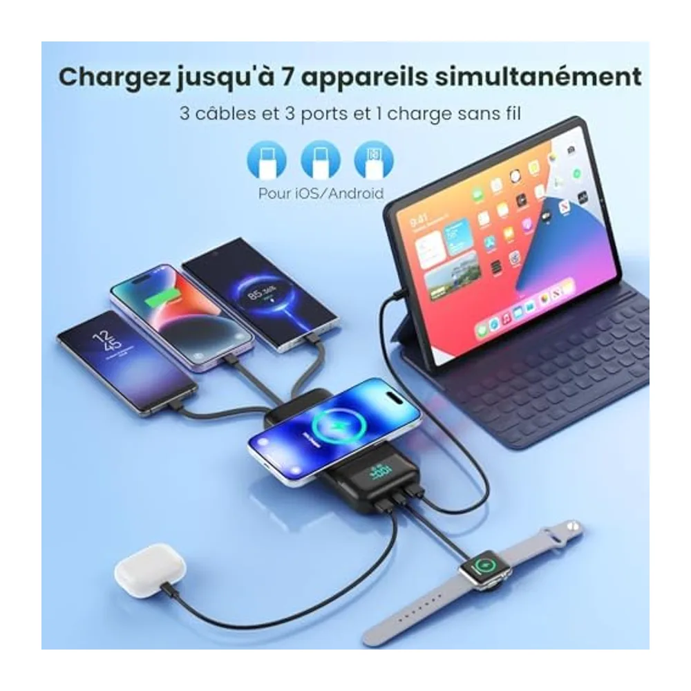 Batterie Externe sans Fil 26800mAh, 7 en 1 Powerbank Fast Charging avec 3 Ports et 3 câbles, 25W PD3.0+QC4.0 Chargeur Ex