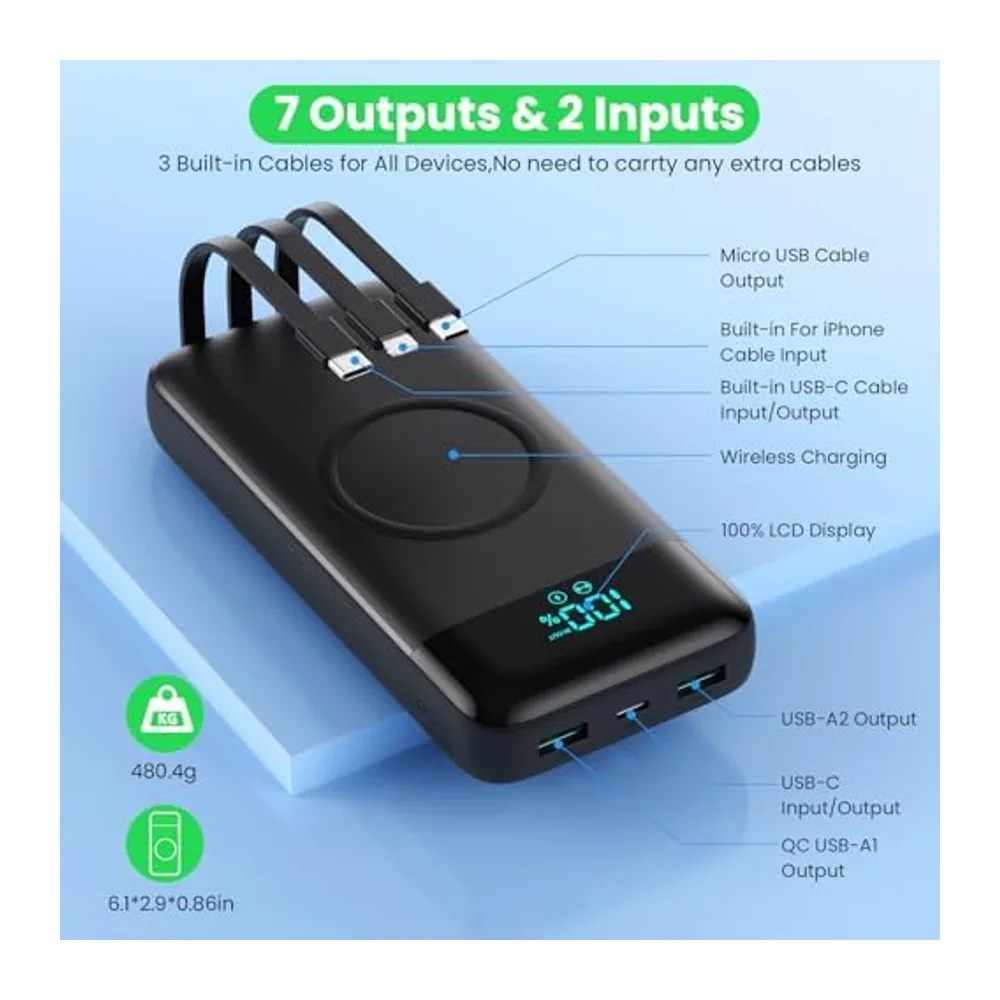 Batterie Externe sans Fil 26800mAh, 7 en 1 Powerbank Fast Charging avec 3 Ports et 3 câbles, 25W PD3.0+QC4.0 Chargeur Ex
