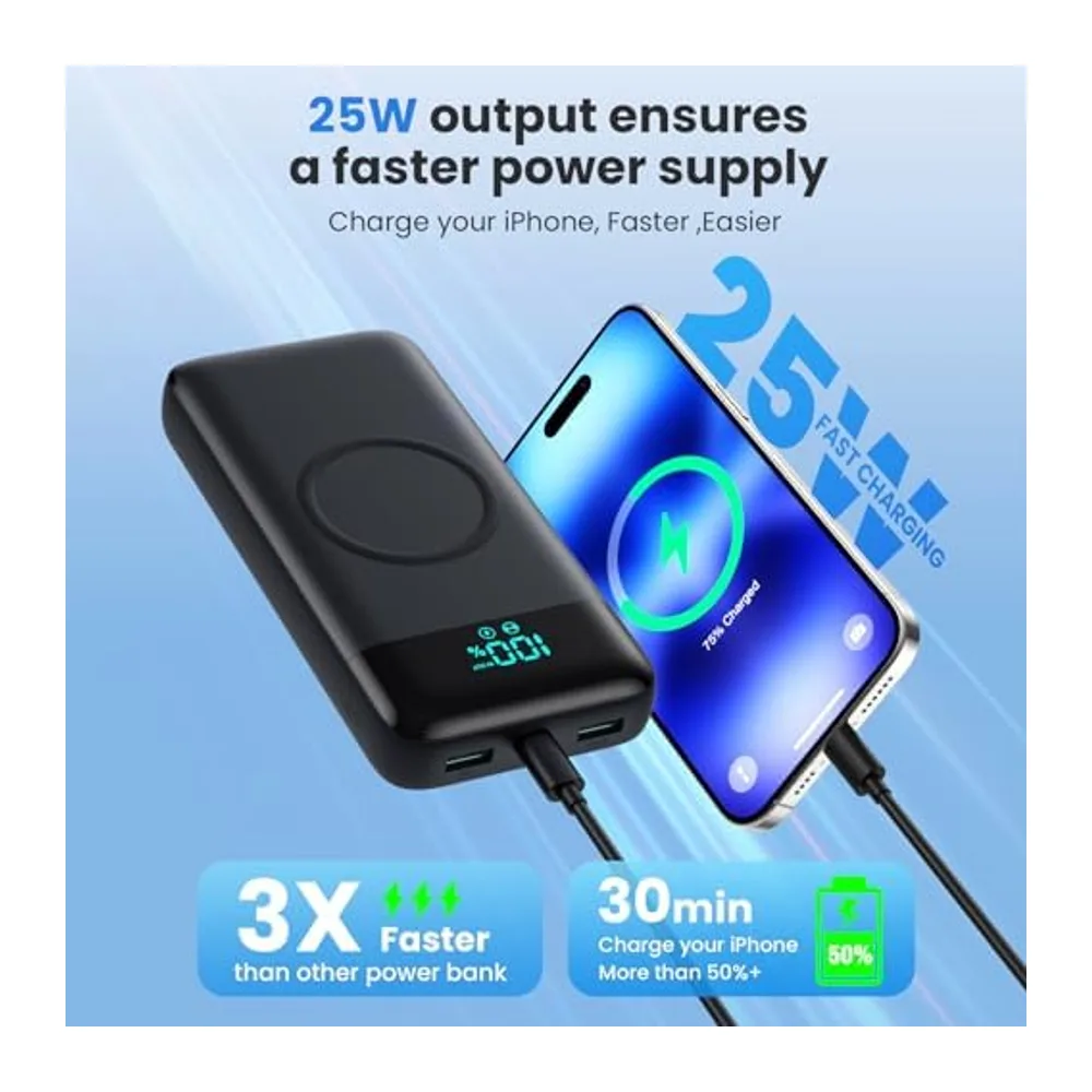 Batterie Externe sans Fil 26800mAh, 7 en 1 Powerbank Fast Charging avec 3 Ports et 3 câbles, 25W PD3.0+QC4.0 Chargeur Ex