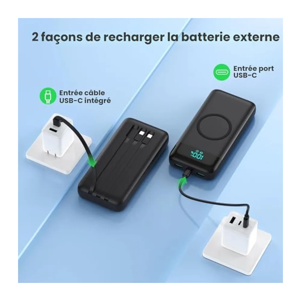 Batterie Externe sans Fil 26800mAh, 7 en 1 Powerbank Fast Charging avec 3 Ports et 3 câbles, 25W PD3.0+QC4.0 Chargeur Ex