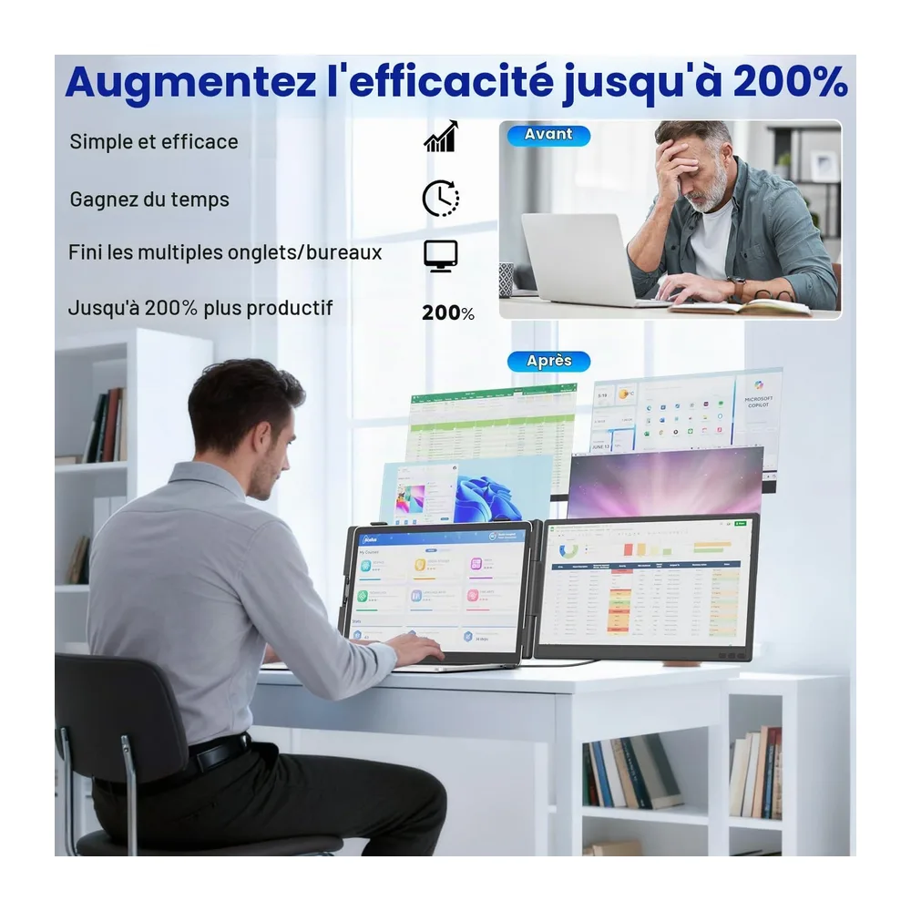 KEFEYA 14" Extension Ecran PC Portable, Double Ecran PC Portable IPS FHD 1080p, Ecran Portable de 13-17.3", Extension D'
