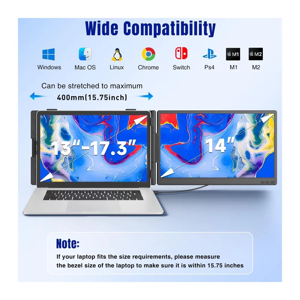 KEFEYA 14" Extension Ecran PC Portable, Double Ecran PC Portable IPS FHD 1080p, Ecran Portable de 13-17.3", Extension D'