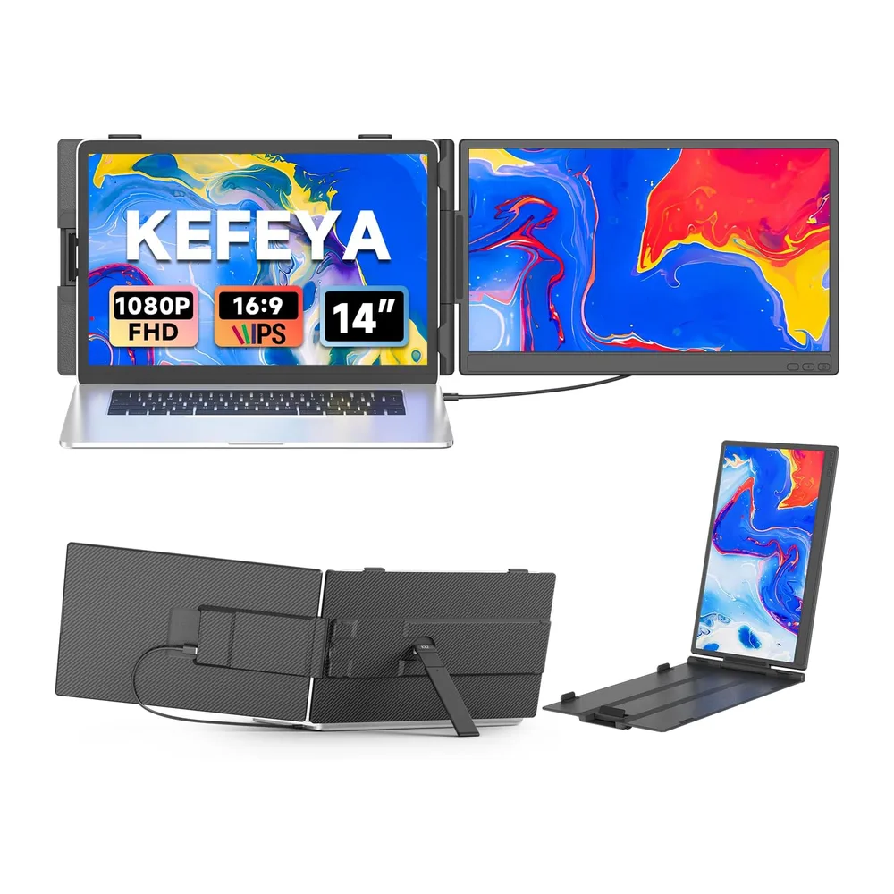 KEFEYA 14" Extension Ecran PC Portable, Double Ecran PC Portable IPS FHD 1080p, Ecran Portable de 13-17.3", Extension D'