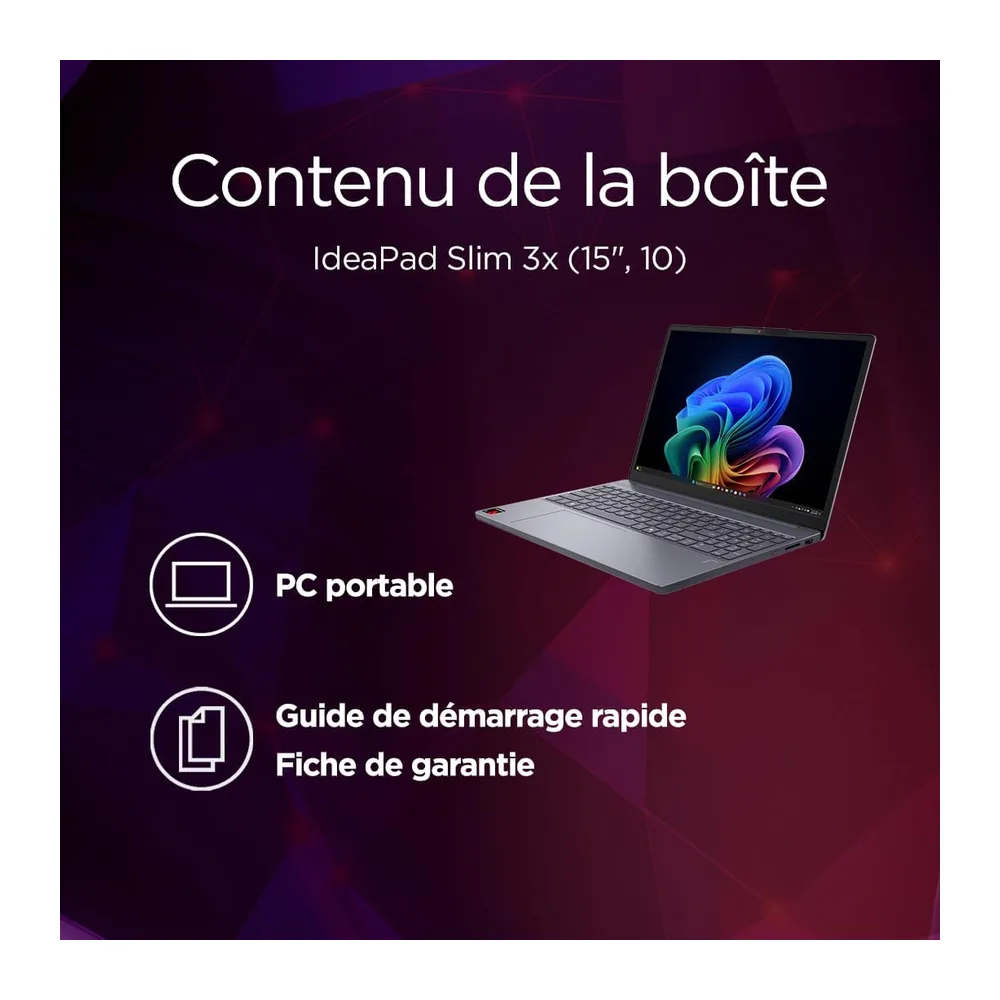 Lenovo IdeaPad Slim 3 15Q8X10 - Ordinateur Portable 15.3'' WUXGA Copilot+ (Snapdragon X X1-26-100, RAM 16Go, SSD 256Go, 