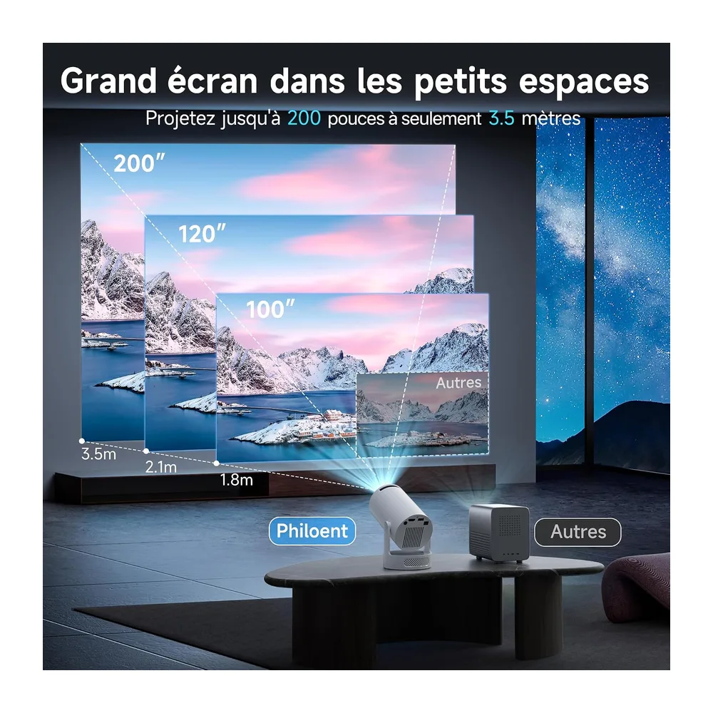 Philoent Vidéoprojecteur WiFi/BT Apps intégrées 2026 Upgraded AutoKeystone | Compatible 4K, rotation 180°, WiFi 6 & BT 5.4, correction trapèze auto, mise au point rapide, 25 dB pour home cinéma