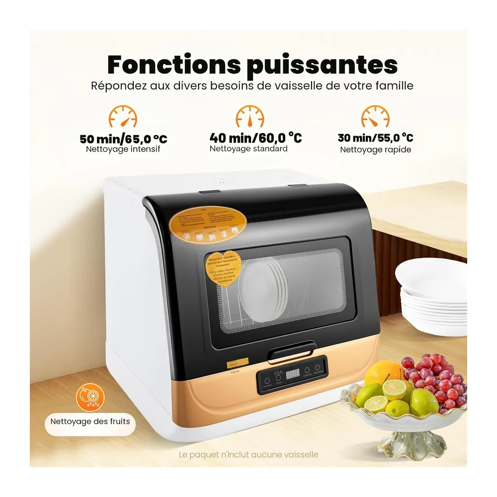 Lave-vaisselle de table pour 4 à 6 couverts, 3 programmes, lave-vaisselle compact, contrôle tactile, nettoyage par pulvé