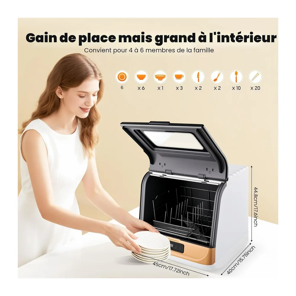 Lave-vaisselle de table pour 4 à 6 couverts, 3 programmes, lave-vaisselle compact, contrôle tactile, nettoyage par pulvé