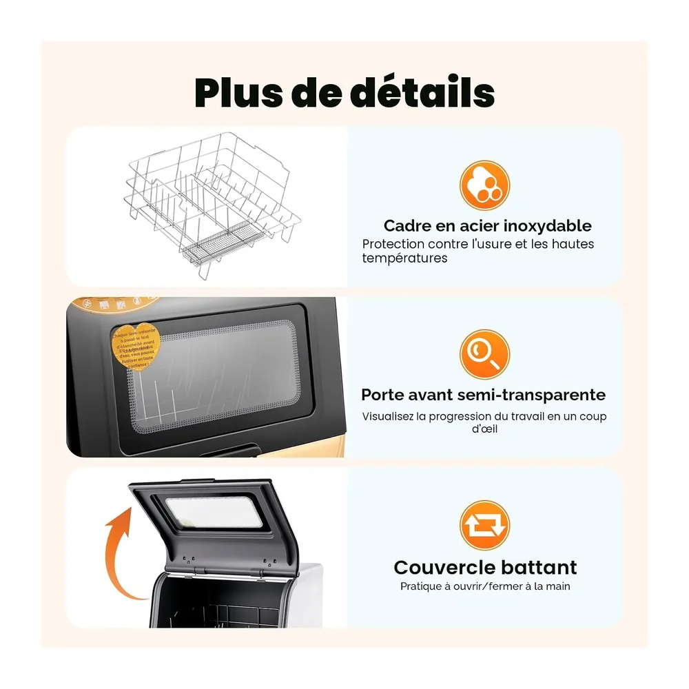 Lave-vaisselle de table pour 4 à 6 couverts, 3 programmes, lave-vaisselle compact, contrôle tactile, nettoyage par pulvé