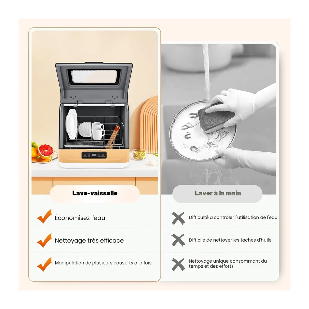 Lave-vaisselle de table pour 4 à 6 couverts, 3 programmes, lave-vaisselle compact, contrôle tactile, nettoyage par pulvé