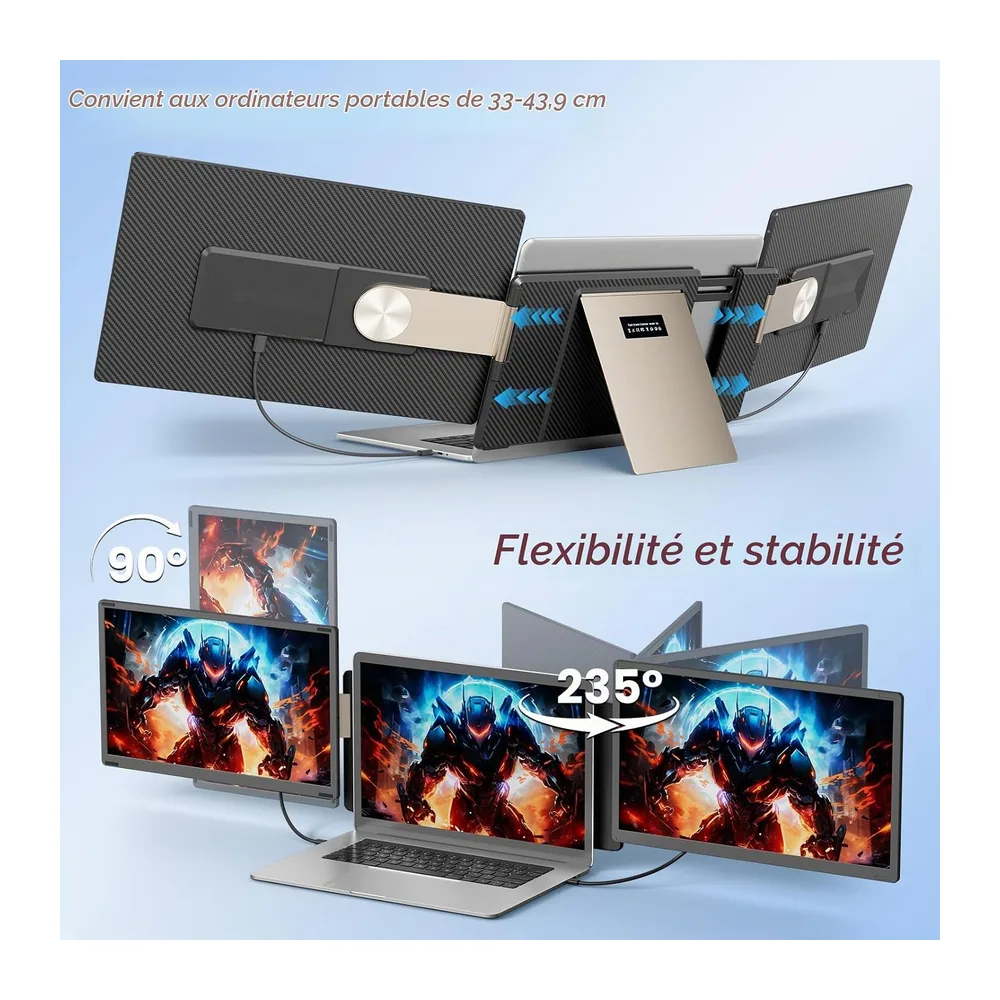 Ecran Portable 15.6” FHD 1080P, Triple Extension D'écran pour PC Portable, Amovible et orientable à 235°Écran Dual pour 