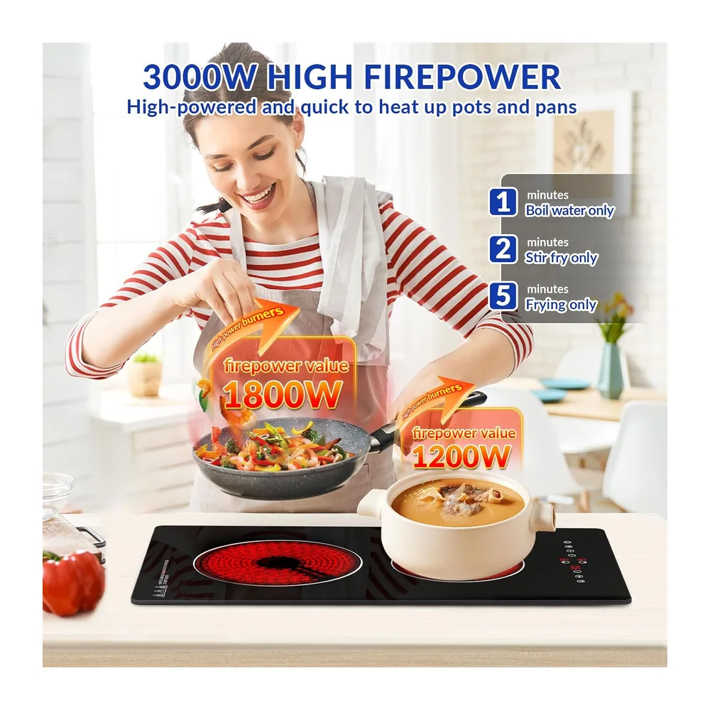 Plaque Vitrocéramique 2 feux,Table de Cuisson Encastrable,3000W, 9 Niveaux de Puissance,Commandes tactiles & minuteurs,S