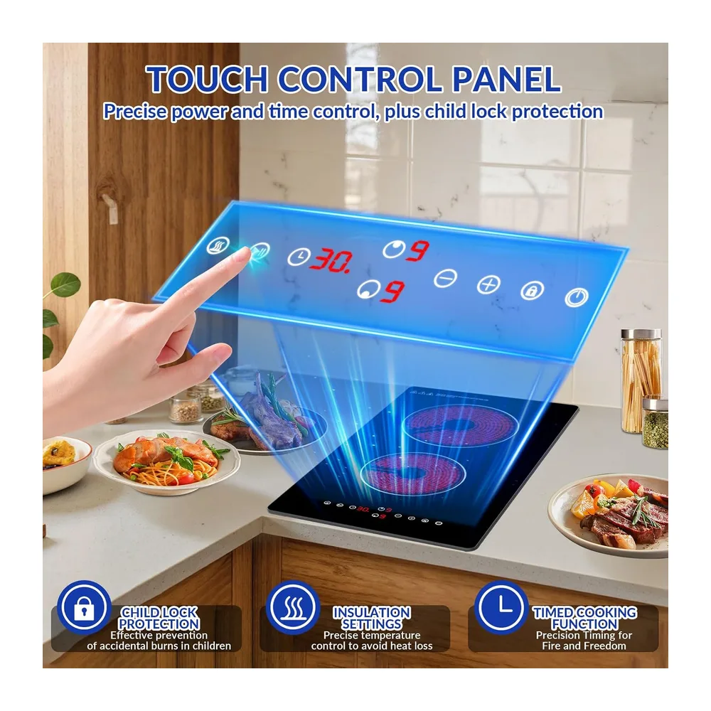 Plaque Vitrocéramique 2 feux,Table de Cuisson Encastrable,3000W, 9 Niveaux de Puissance,Commandes tactiles & minuteurs,S