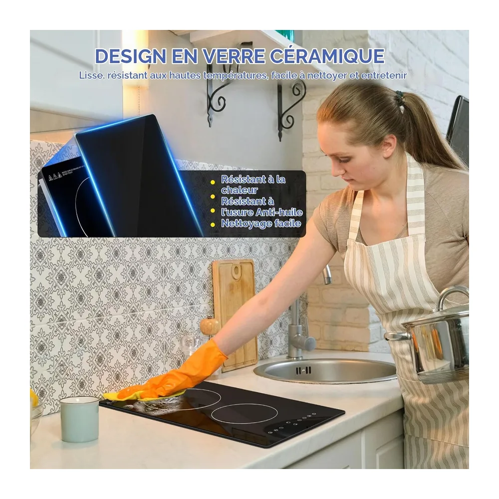 Plaque Vitrocéramique 2 feux,Table de Cuisson Encastrable,3000W, 9 Niveaux de Puissance,Commandes tactiles & minuteurs,S