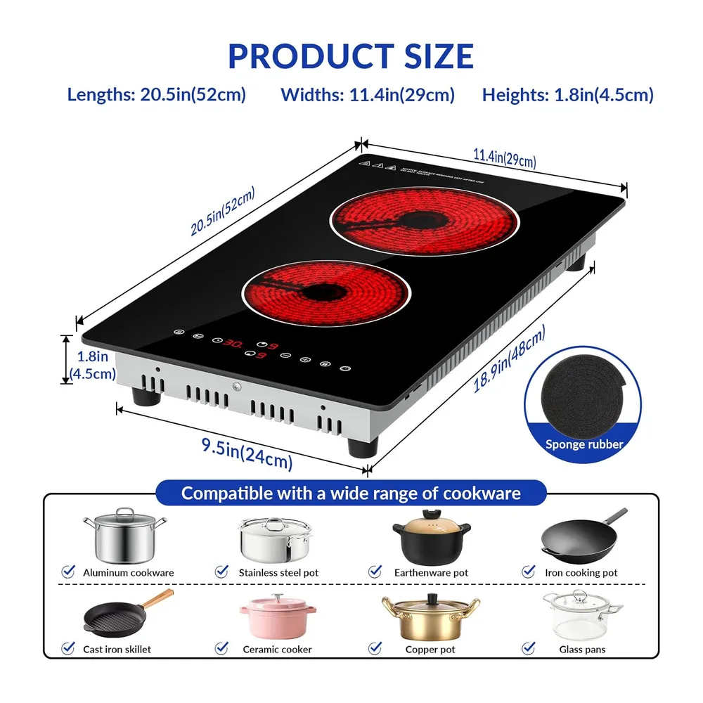 Plaque Vitrocéramique 2 feux,Table de Cuisson Encastrable,3000W, 9 Niveaux de Puissance,Commandes tactiles & minuteurs,S