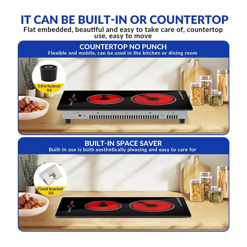 Plaque Vitrocéramique 2 feux,Table de Cuisson Encastrable,3000W, 9 Niveaux de Puissance,Commandes tactiles & minuteurs,S
