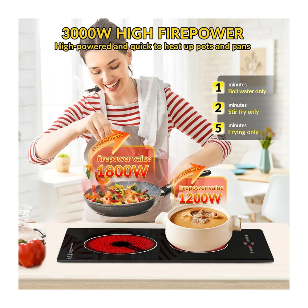 Plaque Vitrocéramique 2 Feux Encastrable, Plaque de Cuisson 3000W Tactile, 9 Niveaux de Puissance, Maintien au Chaud, Minuterie, Sécurité Enfants, Compatible Tous Types de Casseroles